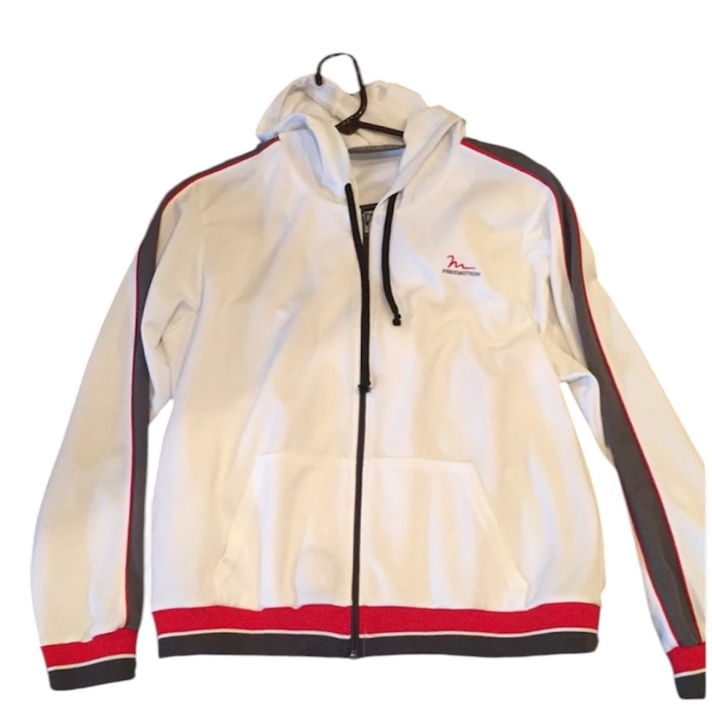 Freemotion full zip hoodie jacket with with grey and red accent stripes
